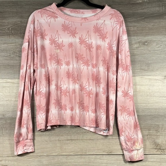 Hurley Tops - Hurley Women's M Pink Palm Tree Print Long Sleeve Relaxed Beach Top